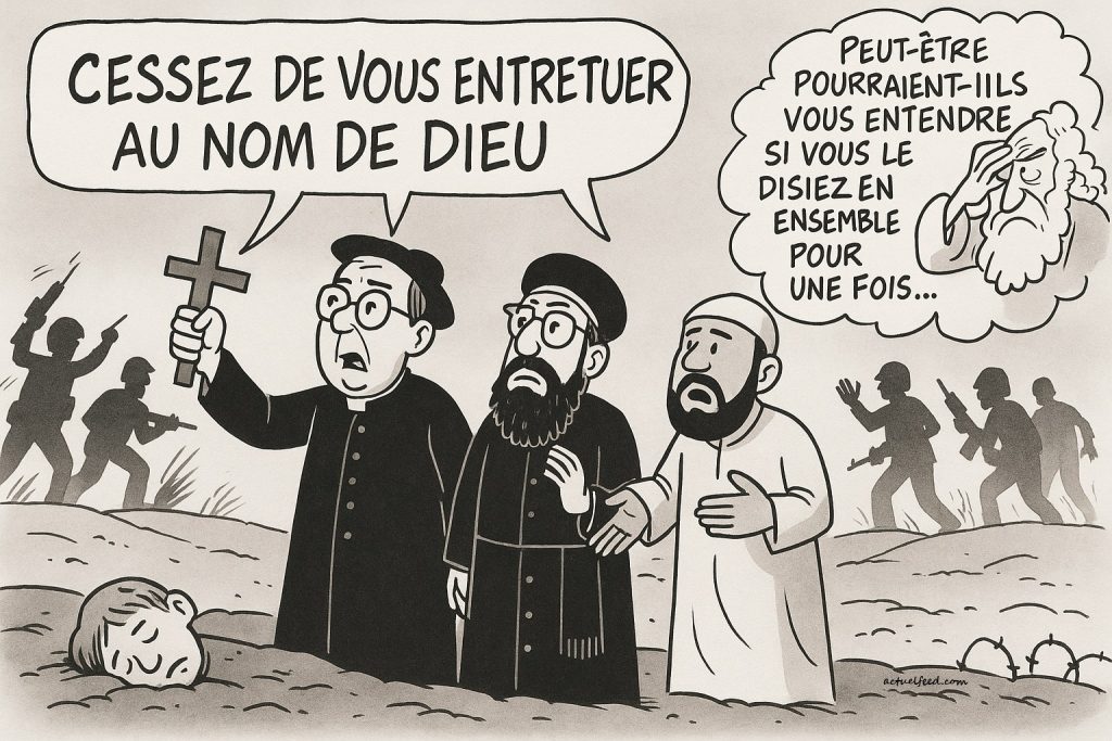 Quand les voix religieuses s’unissent (enfin), peut-être que le message passe... Une satire quant aux extrêmes de tous bords Quand les voix religieuses s’unissent (enfin), peut-être que le message passe... Une satire quant aux extrêmes de tous bords (caricature)